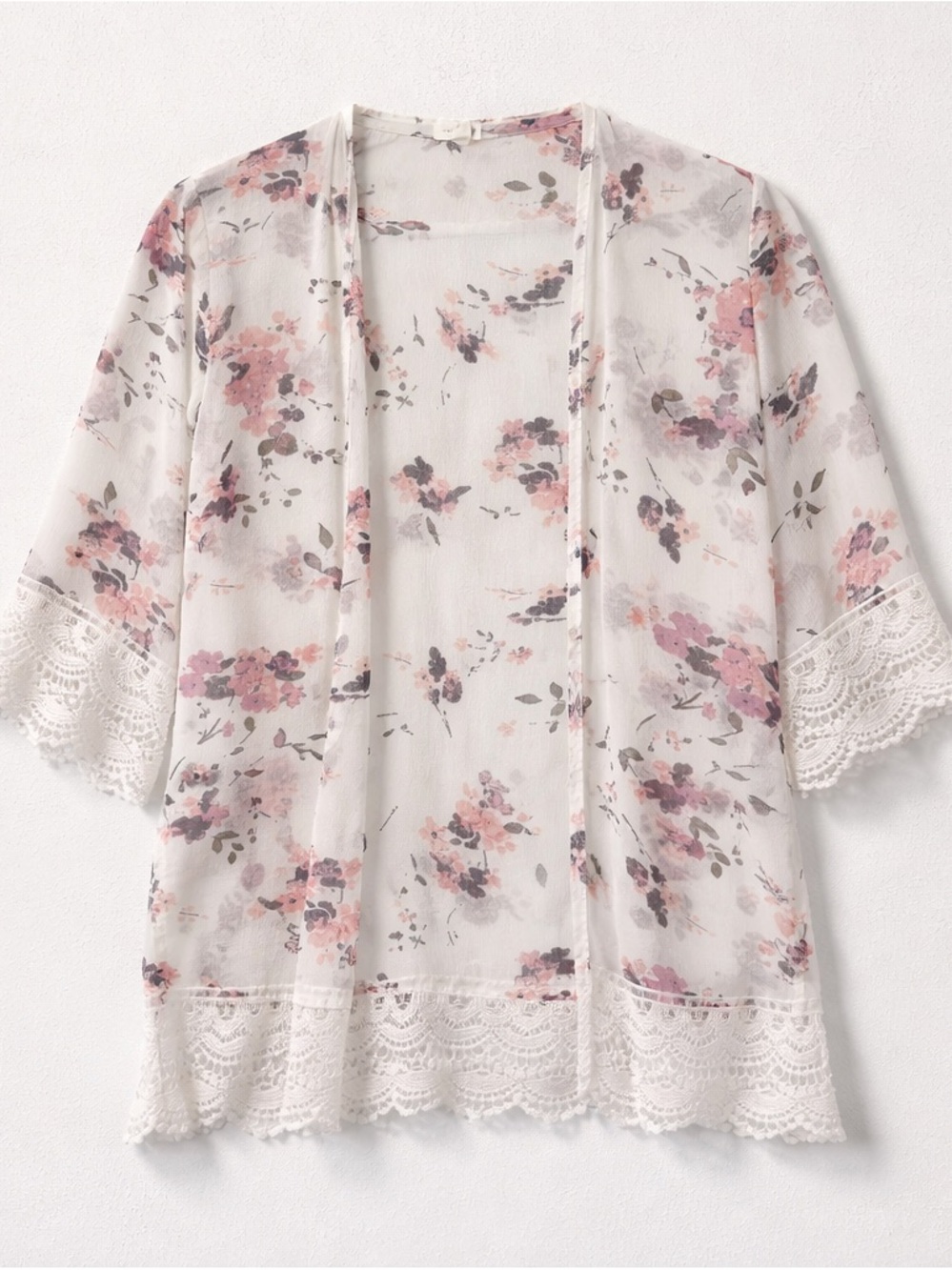 Mason & Belle Sheer Open Front Floral Sheer Tunic Kimono Lace Crochet Hem Beachy